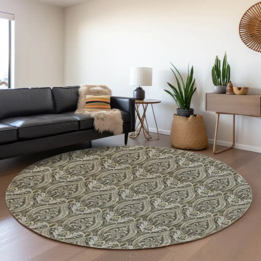 8' Taupe And Ivory Floral Washable Round Rug With UV Protection Photo 4