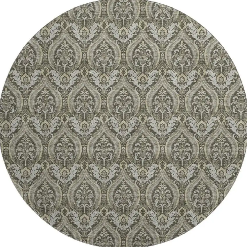 8' Taupe And Ivory Floral Washable Round Rug With UV Protection Photo 3