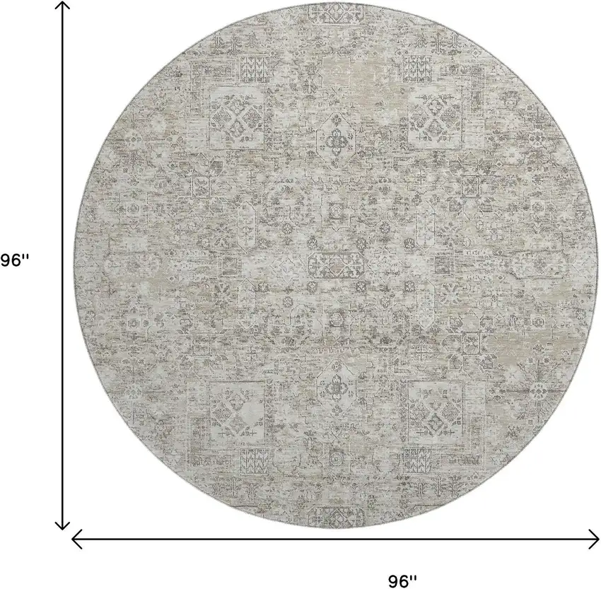 8' Taupe And Ivory Floral Washable Round Rug With UV Protection Photo 3