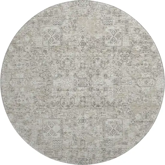 8' Taupe And Ivory Floral Washable Round Rug With UV Protection Photo 1