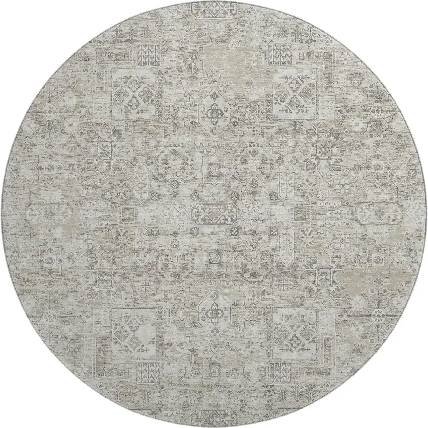 8' Taupe And Ivory Floral Washable Round Rug With UV Protection Photo 1