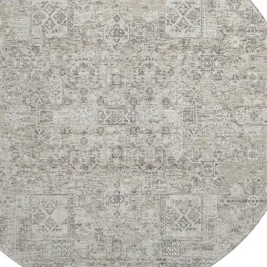 8' Taupe And Ivory Floral Washable Round Rug With UV Protection Photo 3