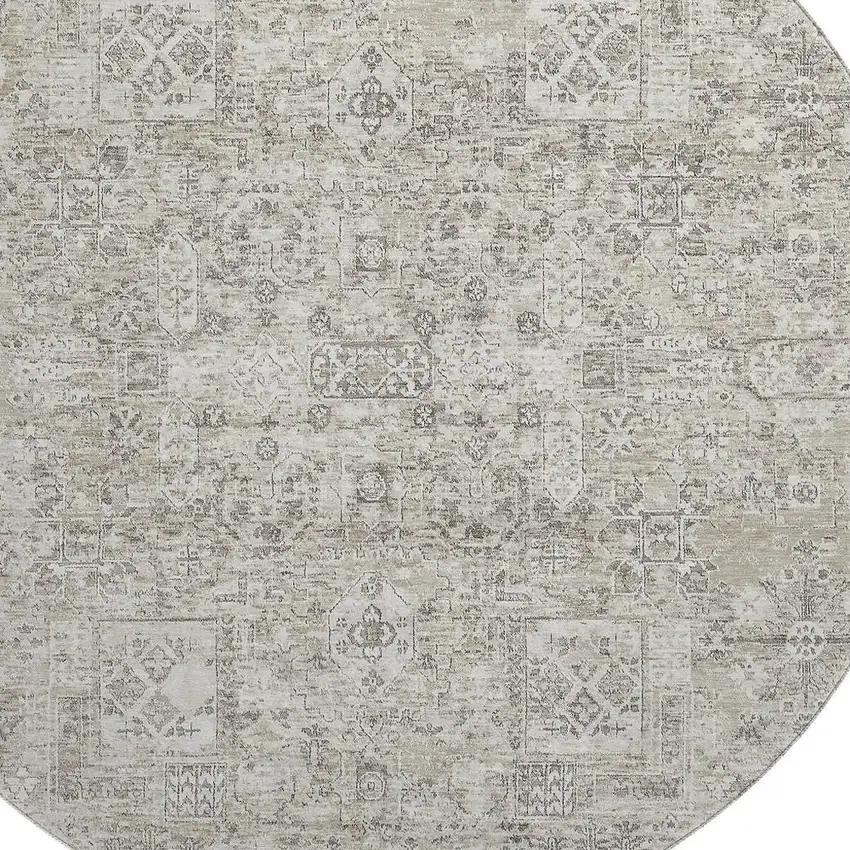 8' Taupe And Ivory Floral Washable Round Rug With UV Protection Photo 3