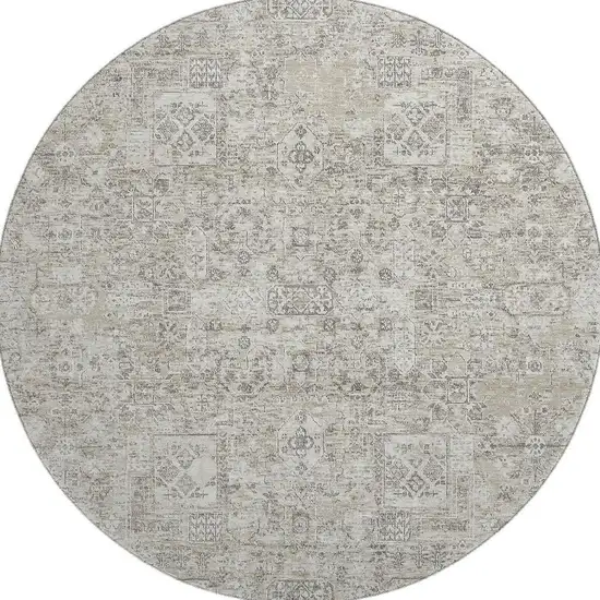 8' Taupe And Ivory Floral Washable Round Rug With UV Protection Photo 4