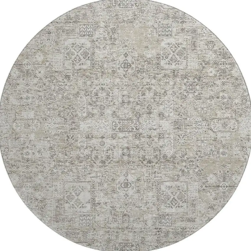8' Taupe And Ivory Floral Washable Round Rug With UV Protection Photo 4