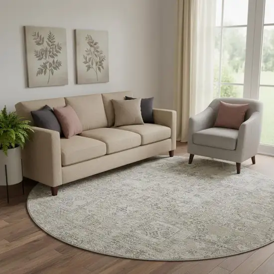 8' Taupe And Ivory Floral Washable Round Rug With UV Protection Photo 1