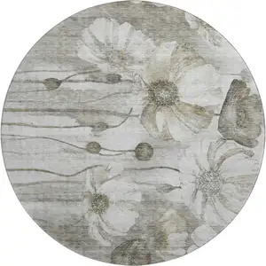 Photo of 8' Taupe And Ivory Floral Washable Round Rug With UV Protection