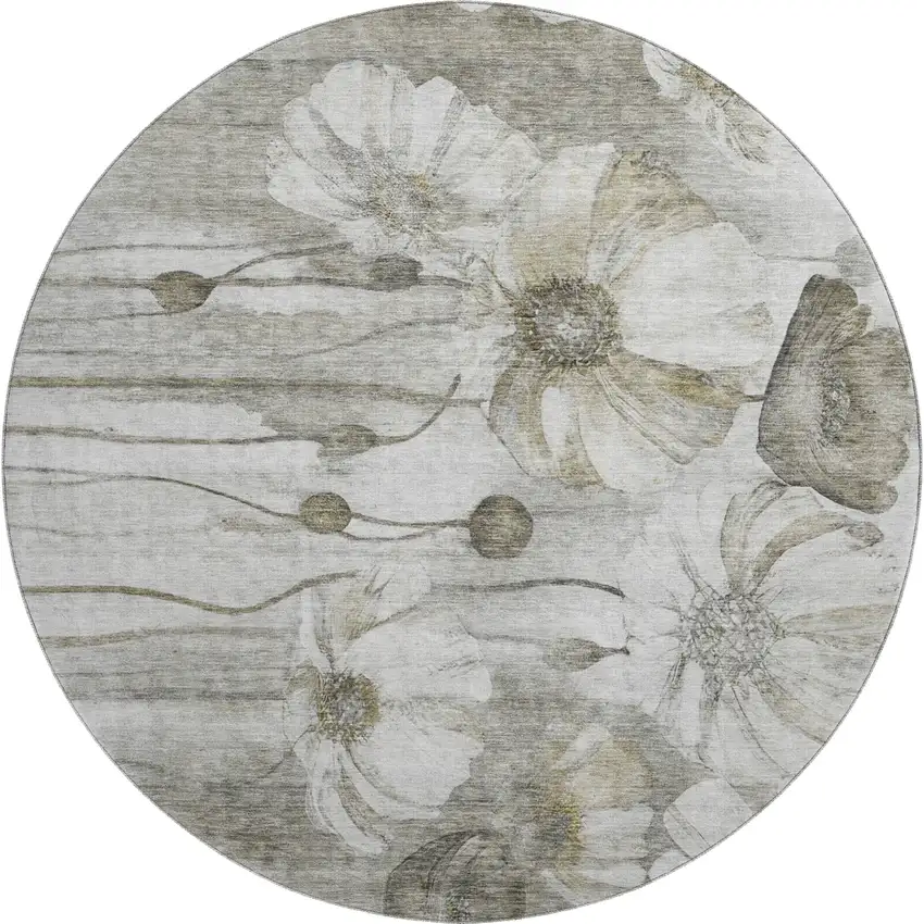8' Taupe And Ivory Floral Washable Round Rug With UV Protection Photo 1