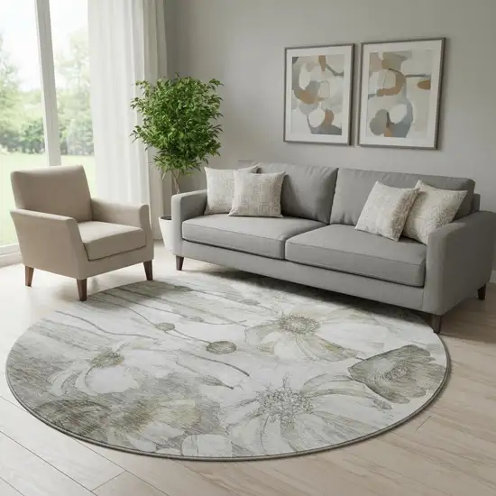 8' Taupe And Ivory Floral Washable Round Rug With UV Protection Photo 1
