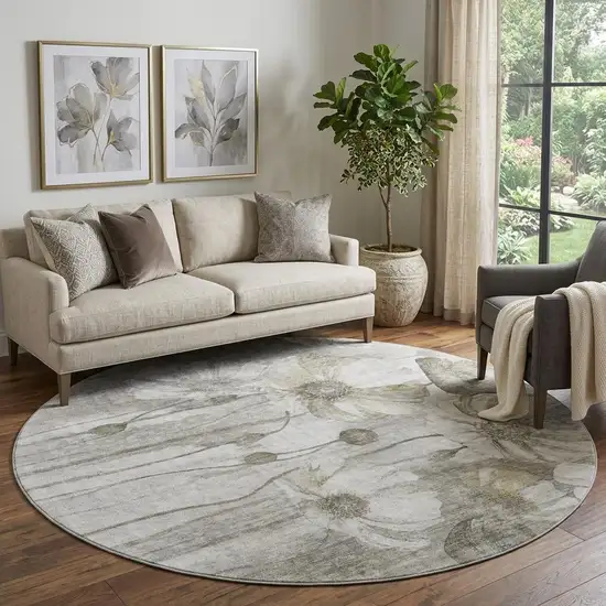 8' Taupe And Ivory Floral Washable Round Rug With UV Protection Photo 1