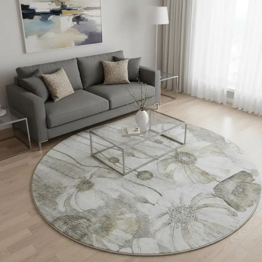 8' Taupe And Ivory Floral Washable Round Rug With UV Protection Photo 2