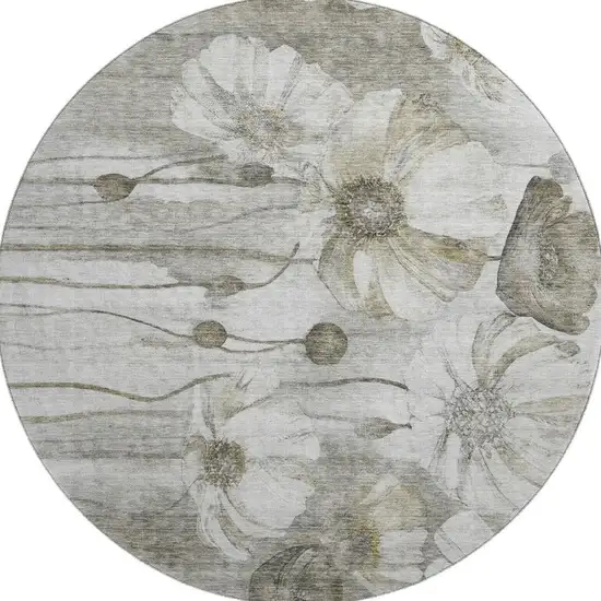 8' Taupe And Ivory Floral Washable Round Rug With UV Protection Photo 4