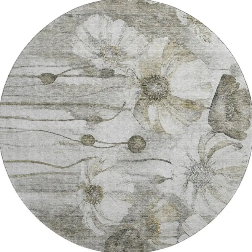 8' Taupe And Ivory Floral Washable Round Rug With UV Protection Photo 4