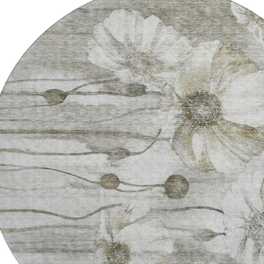 8' Taupe And Ivory Floral Washable Round Rug With UV Protection Photo 3