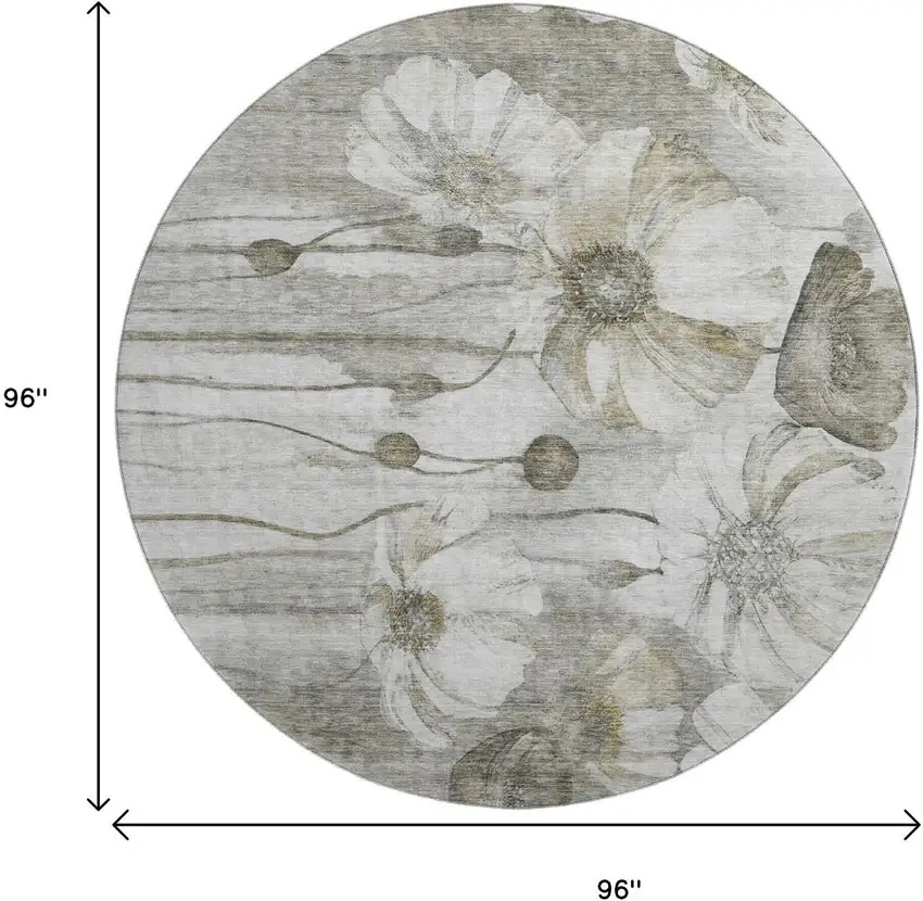 8' Taupe And Ivory Floral Washable Round Rug With UV Protection Photo 6
