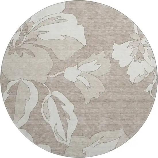8' Taupe And Ivory Floral Washable Round Rug With UV Protection Photo 1
