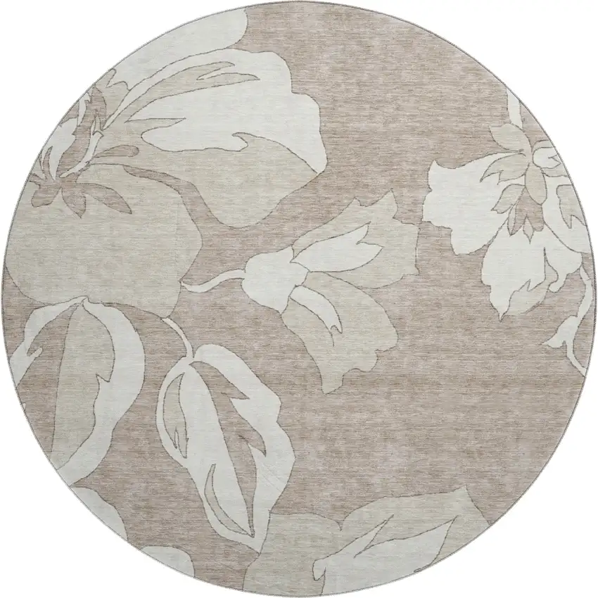 8' Taupe And Ivory Floral Washable Round Rug With UV Protection Photo 1