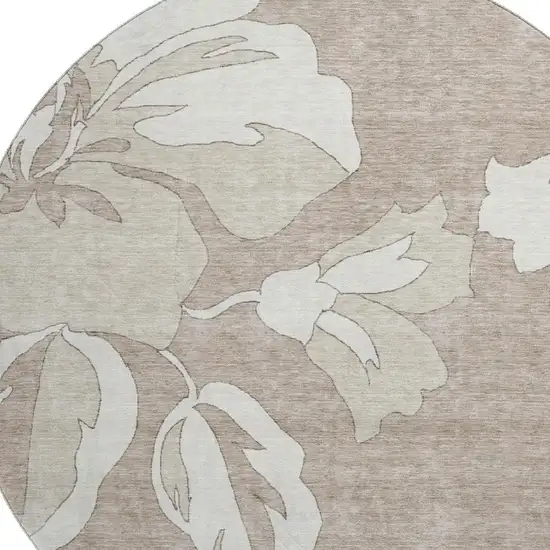 8' Taupe And Ivory Floral Washable Round Rug With UV Protection Photo 3