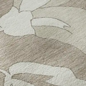 Photo of 8' Taupe And Ivory Floral Washable Round Rug With UV Protection