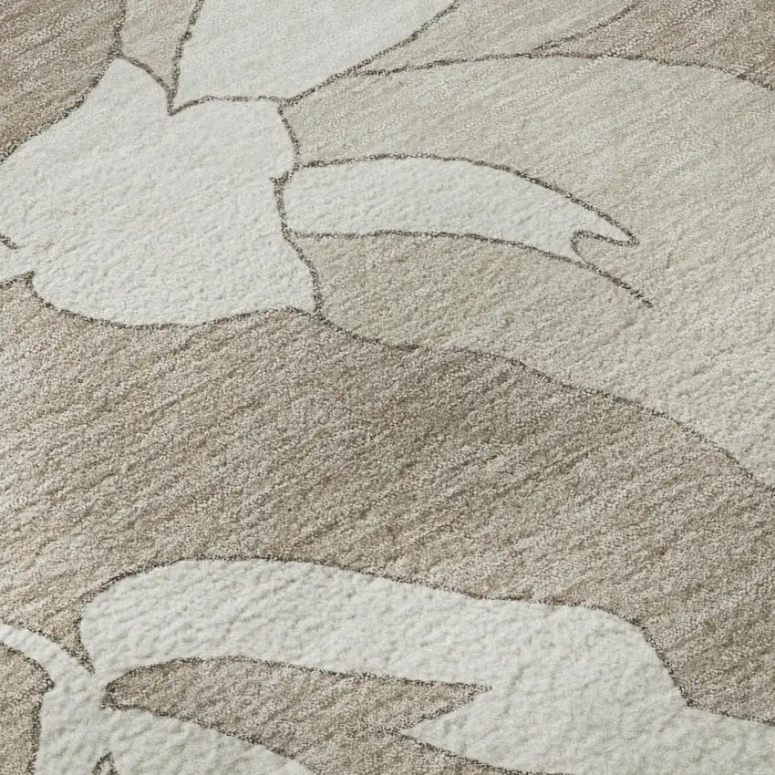 8' Taupe And Ivory Floral Washable Round Rug With UV Protection Photo 9