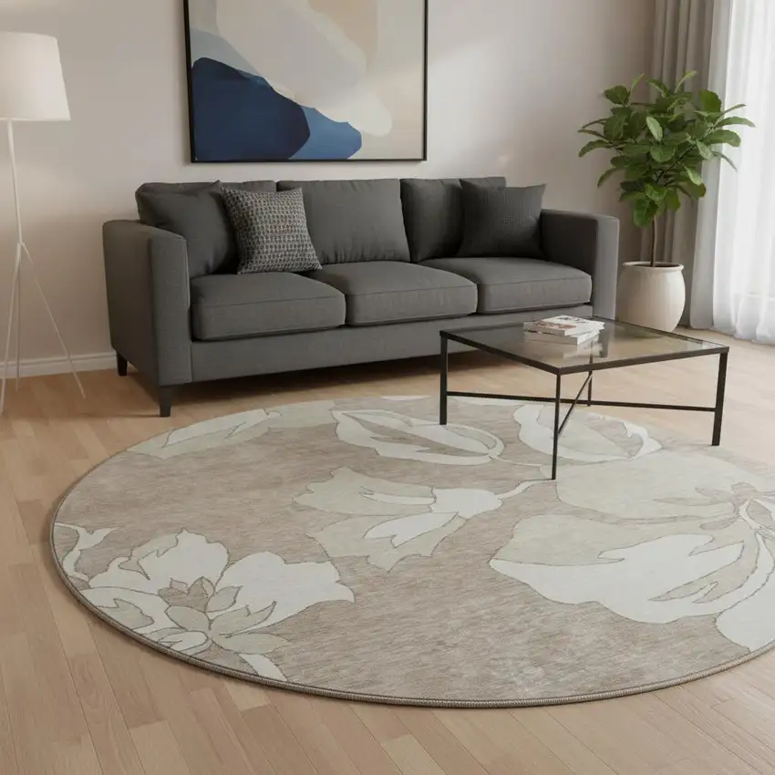 8' Taupe And Ivory Floral Washable Round Rug With UV Protection Photo 2