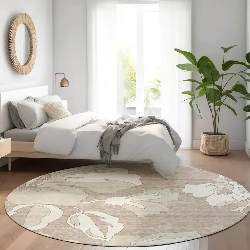 8' Taupe And Ivory Floral Washable Round Rug With UV Protection Photo 5