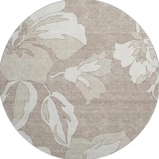 8' Taupe And Ivory Floral Washable Round Rug With UV Protection Photo 4
