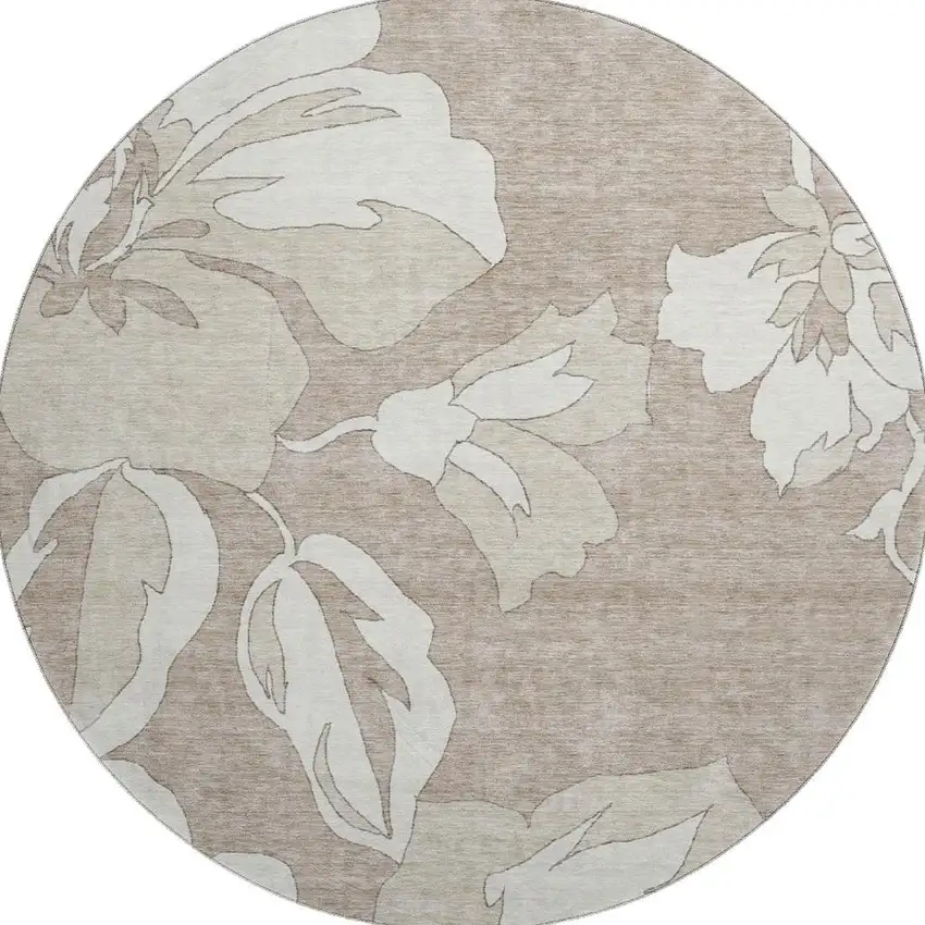 8' Taupe And Ivory Floral Washable Round Rug With UV Protection Photo 4