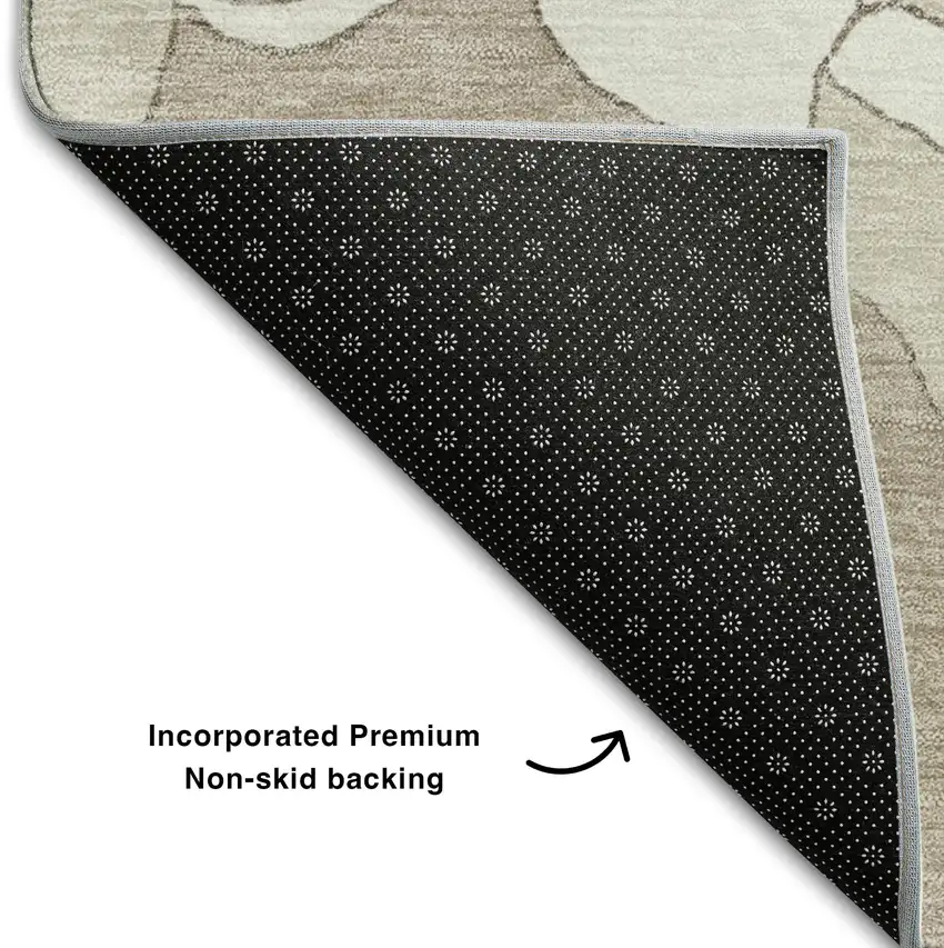 8' Taupe And Ivory Floral Washable Round Rug With UV Protection Photo 6