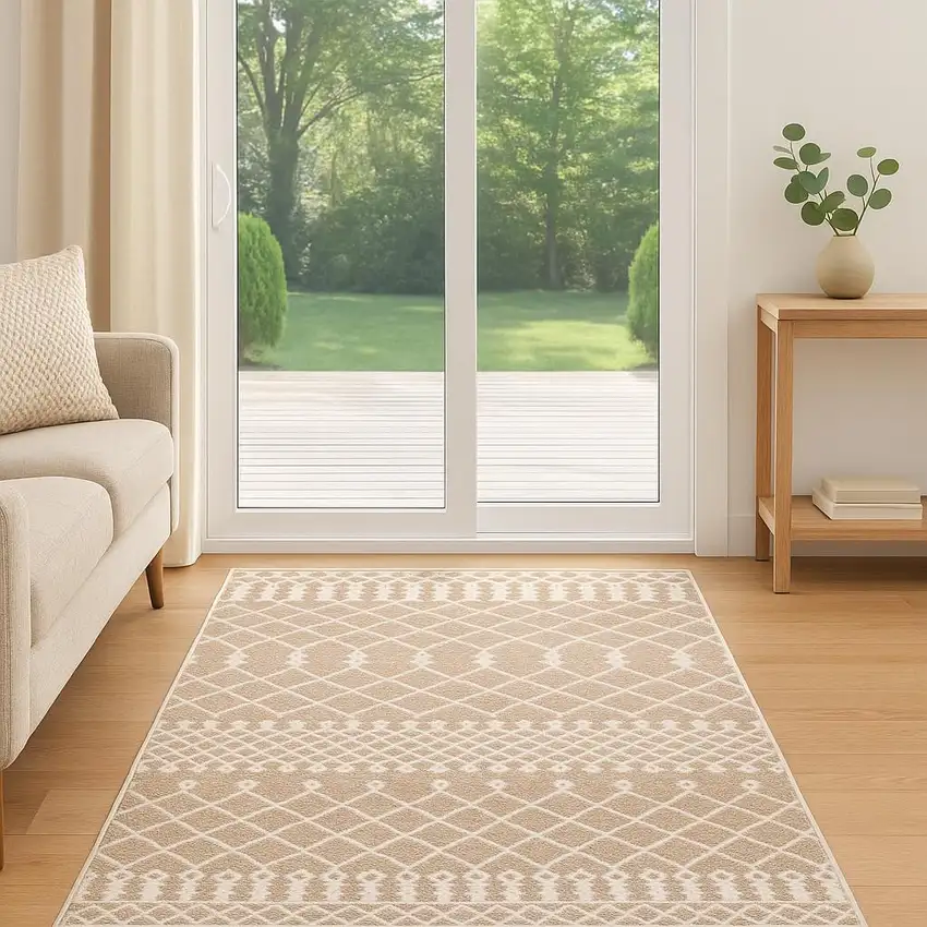 6' Taupe And Ivory Geometric Runner Rug Photo 1