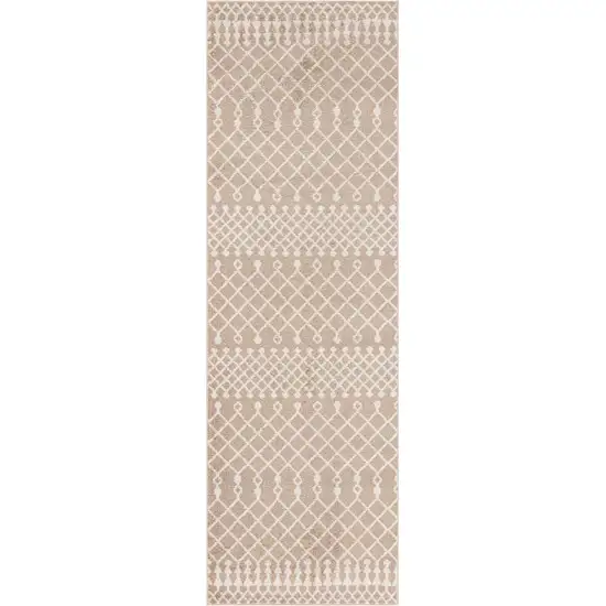 8' Taupe And Ivory Geometric Runner Rug Photo 9