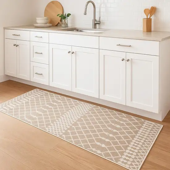 8' Taupe And Ivory Geometric Runner Rug Photo 1