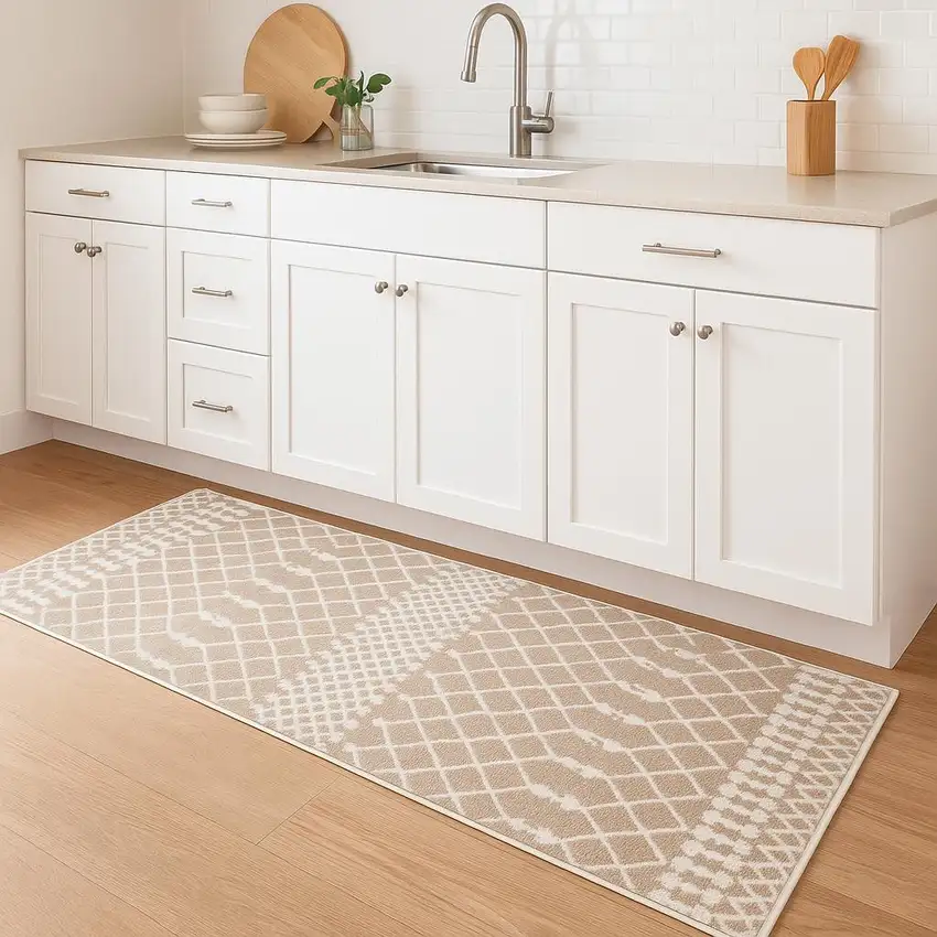 8' Taupe And Ivory Geometric Runner Rug Photo 1