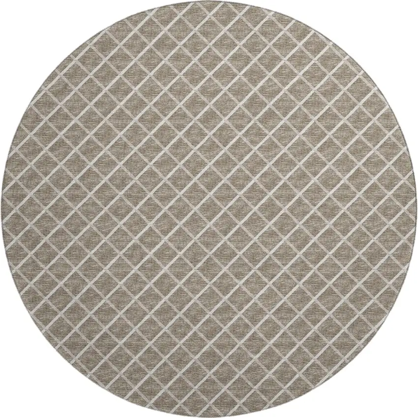 8' Taupe And Ivory Geometric Washable Round Rug With UV Protection Photo 2