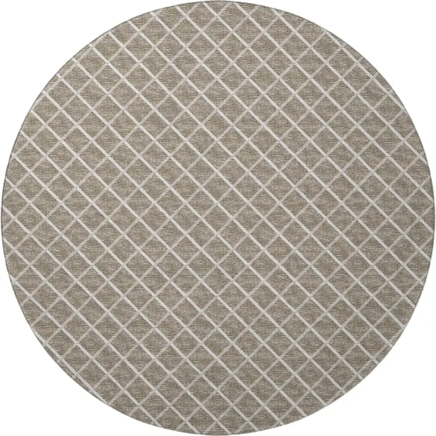 8' Taupe And Ivory Geometric Washable Round Rug With UV Protection Photo 4