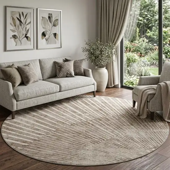 8' Taupe And Ivory Geometric Washable Round Rug With UV Protection Photo 1