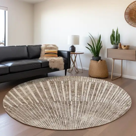 8' Taupe And Ivory Geometric Washable Round Rug With UV Protection Photo 5