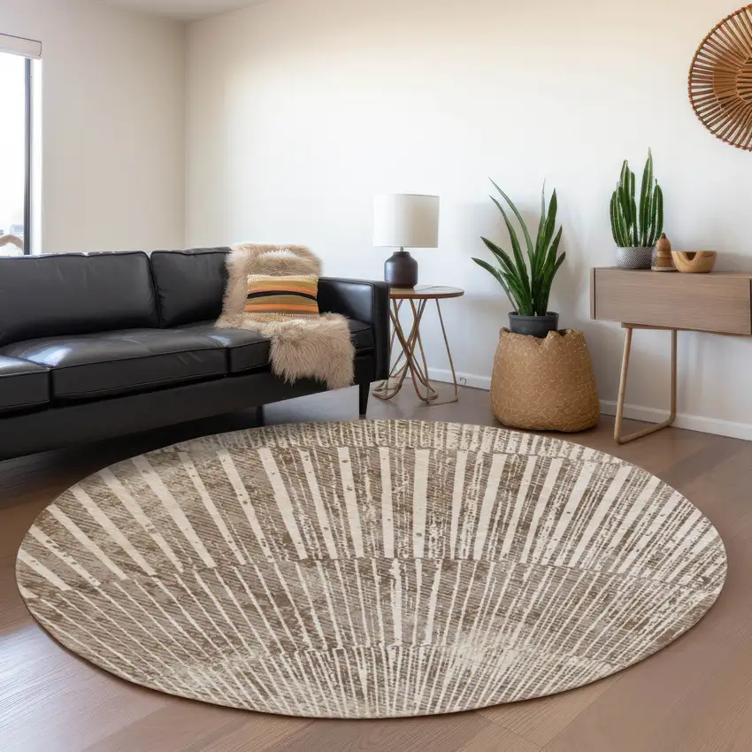 8' Taupe And Ivory Geometric Washable Round Rug With UV Protection Photo 5
