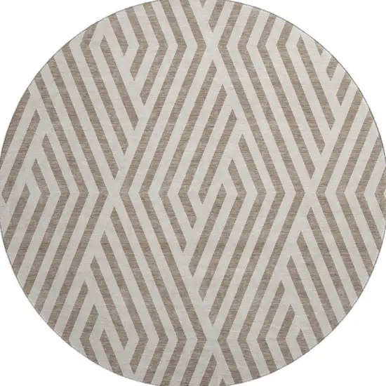 8' Taupe And Ivory Geometric Washable Round Rug With UV Protection Photo 4