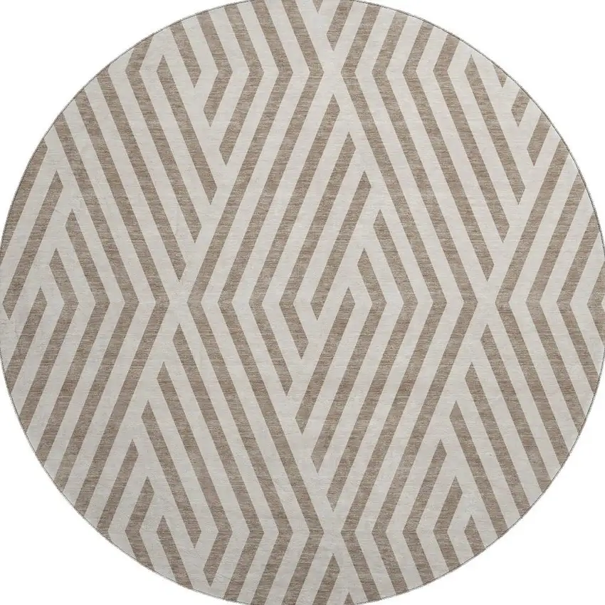 8' Taupe And Ivory Geometric Washable Round Rug With UV Protection Photo 4