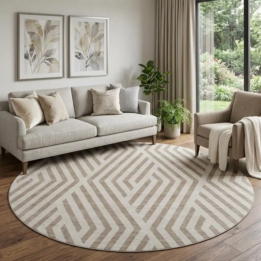 8' Taupe And Ivory Geometric Washable Round Rug With UV Protection Photo 1