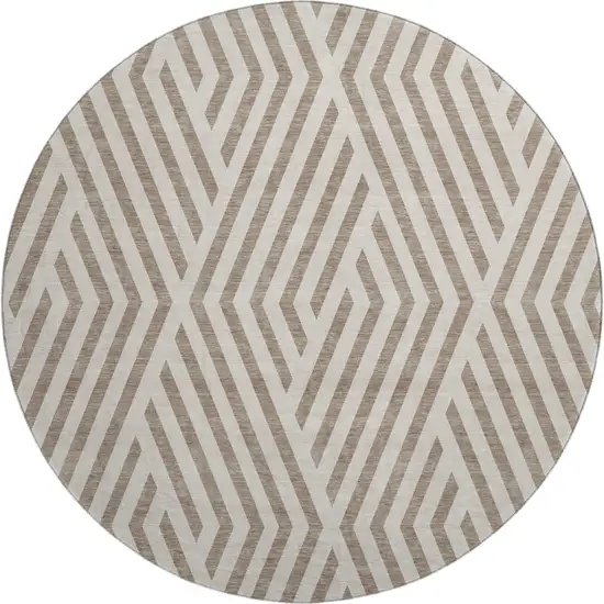 8' Taupe And Ivory Geometric Washable Round Rug With UV Protection Photo 1