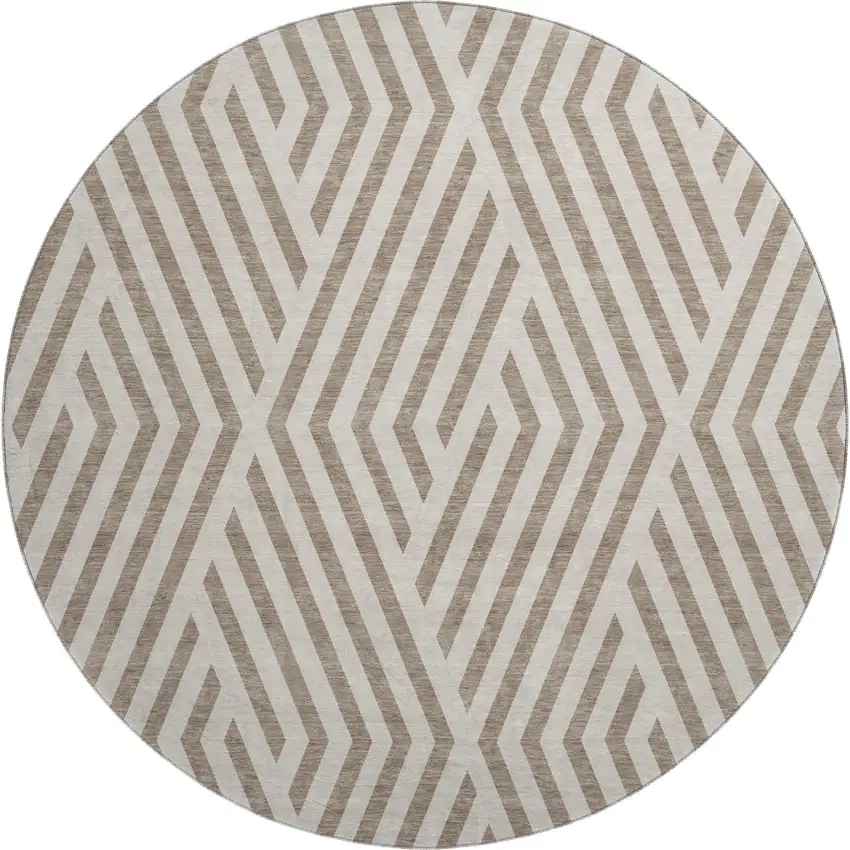 8' Taupe And Ivory Geometric Washable Round Rug With UV Protection Photo 1