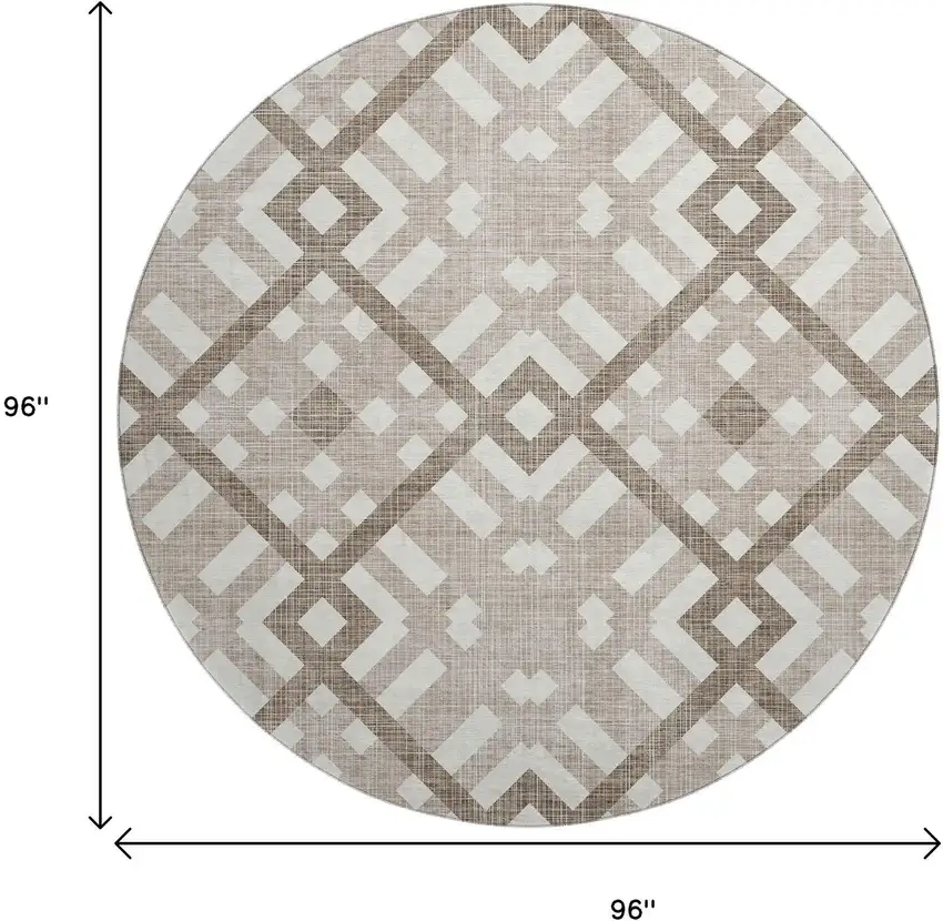 8' Taupe And Ivory Geometric Washable Round Rug With UV Protection Photo 9