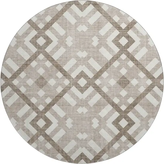 8' Taupe And Ivory Geometric Washable Round Rug With UV Protection Photo 1