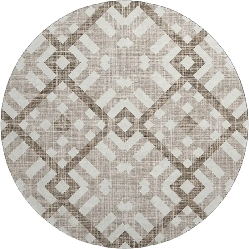 8' Taupe And Ivory Geometric Washable Round Rug With UV Protection Photo 1