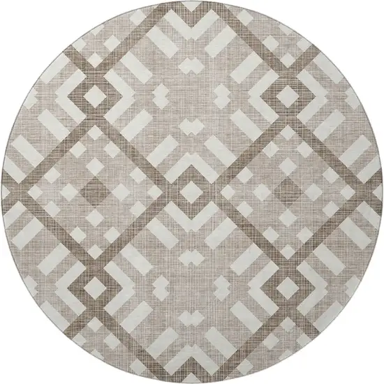 8' Taupe And Ivory Geometric Washable Round Rug With UV Protection Photo 3