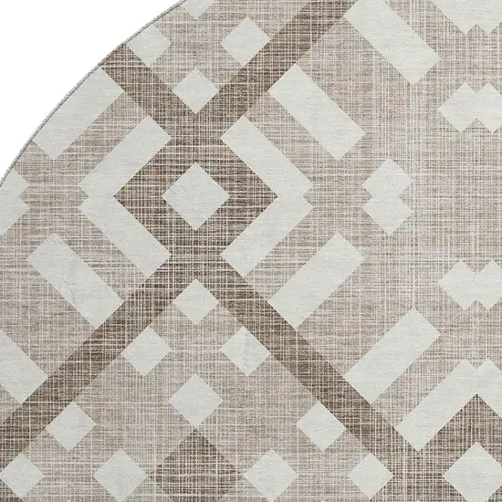 8' Taupe And Ivory Geometric Washable Round Rug With UV Protection Photo 2