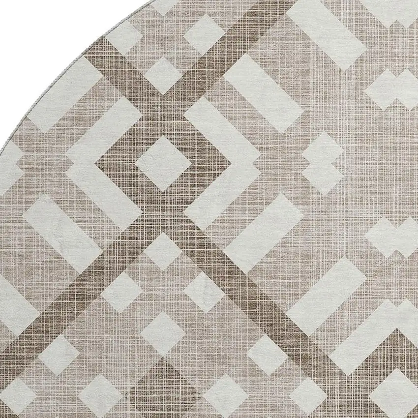 8' Taupe And Ivory Geometric Washable Round Rug With UV Protection Photo 2