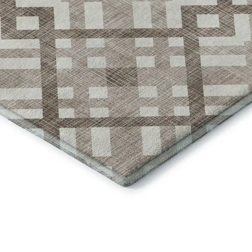 8' Taupe And Ivory Geometric Washable Round Rug With UV Protection Photo 6